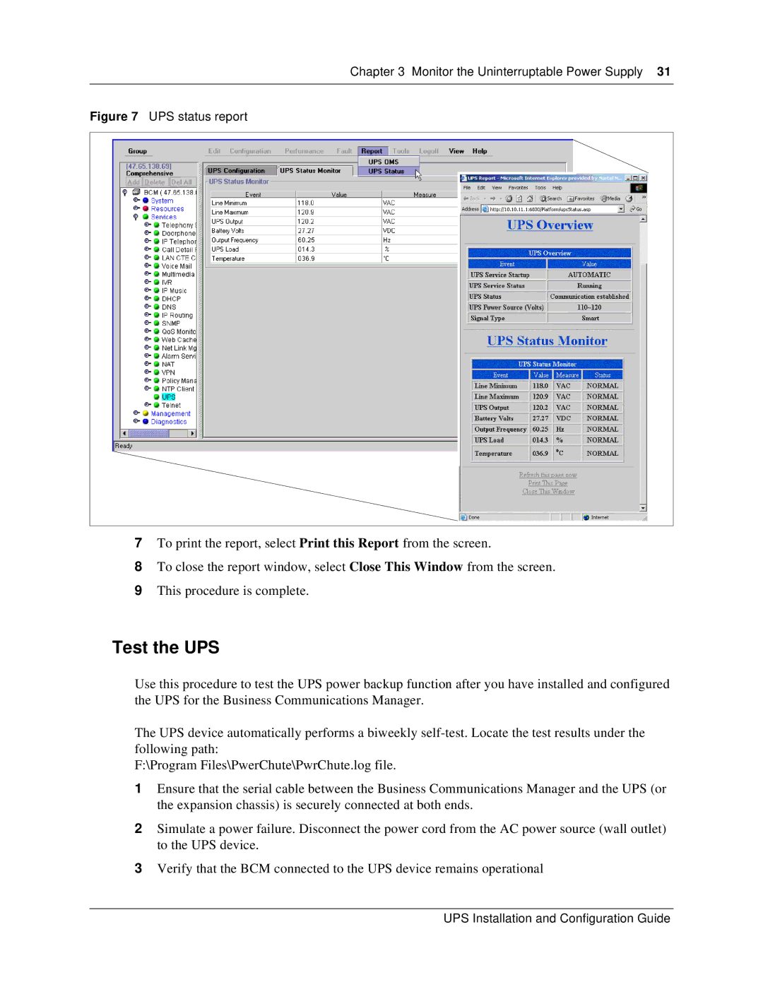 Nortel Networks P0607274 0 manual Test the UPS, UPS status report 