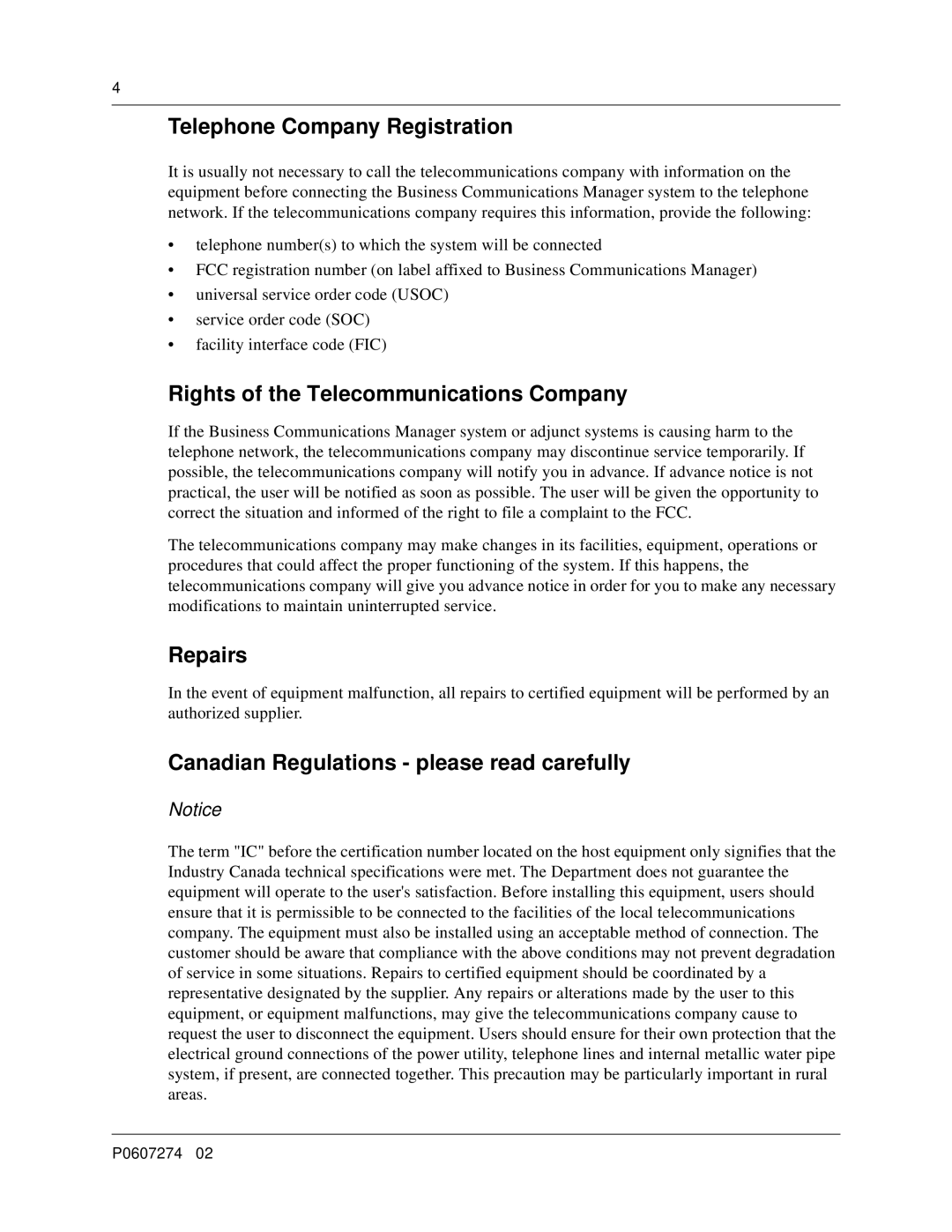 Nortel Networks P0607274 0 manual Telephone Company Registration, Rights of the Telecommunications Company, Repairs 