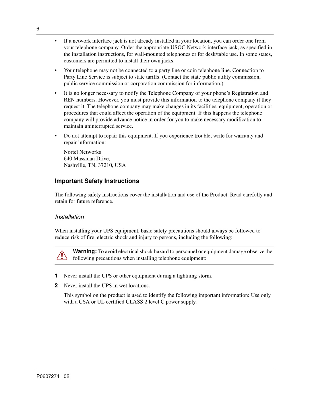 Nortel Networks P0607274 0 manual Important Safety Instructions 