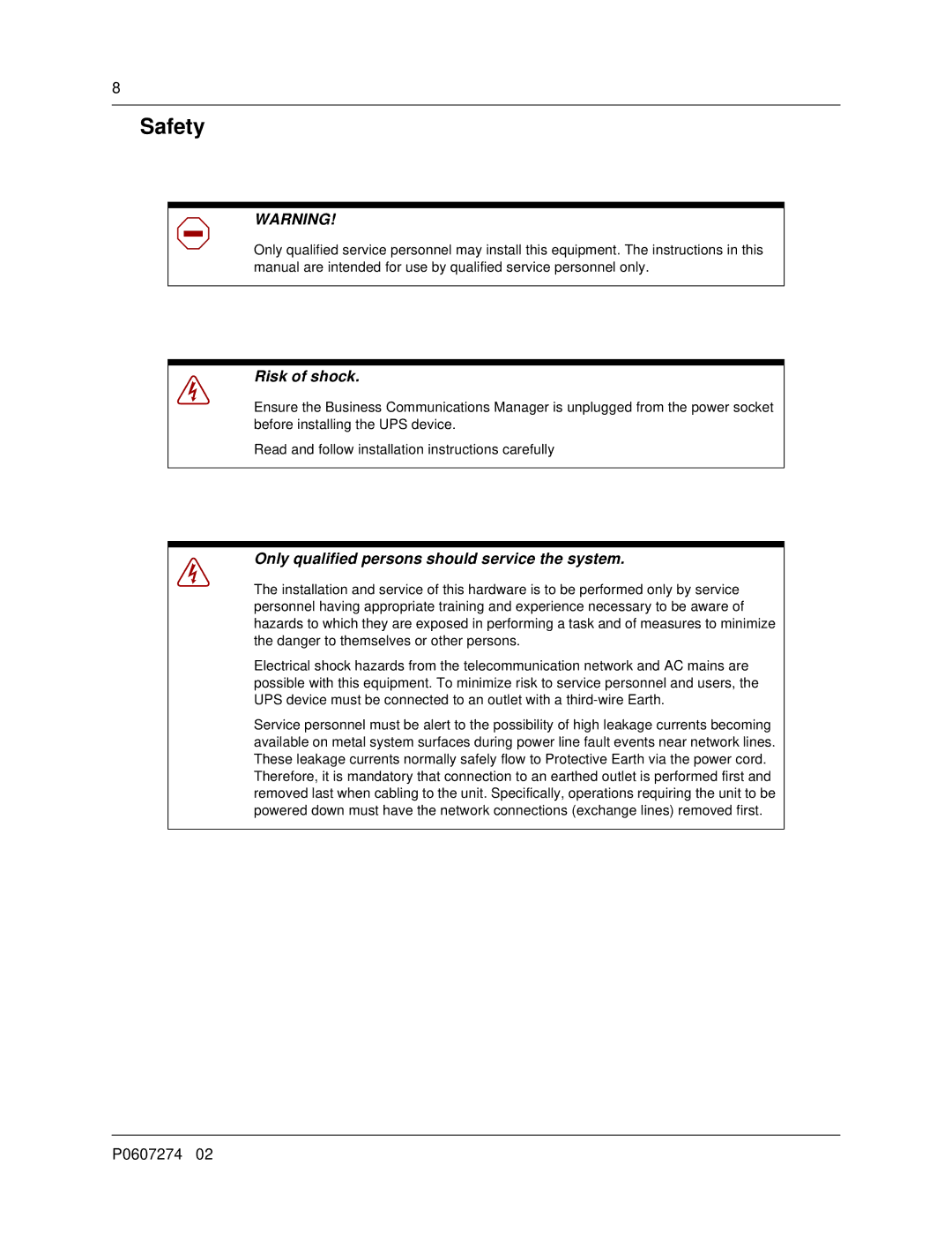 Nortel Networks P0607274 0 manual Risk of shock 