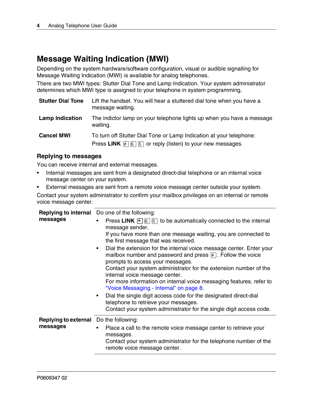 Nortel Networks P0609347 02 manual Message Waiting Indication MWI, Replying to messages 