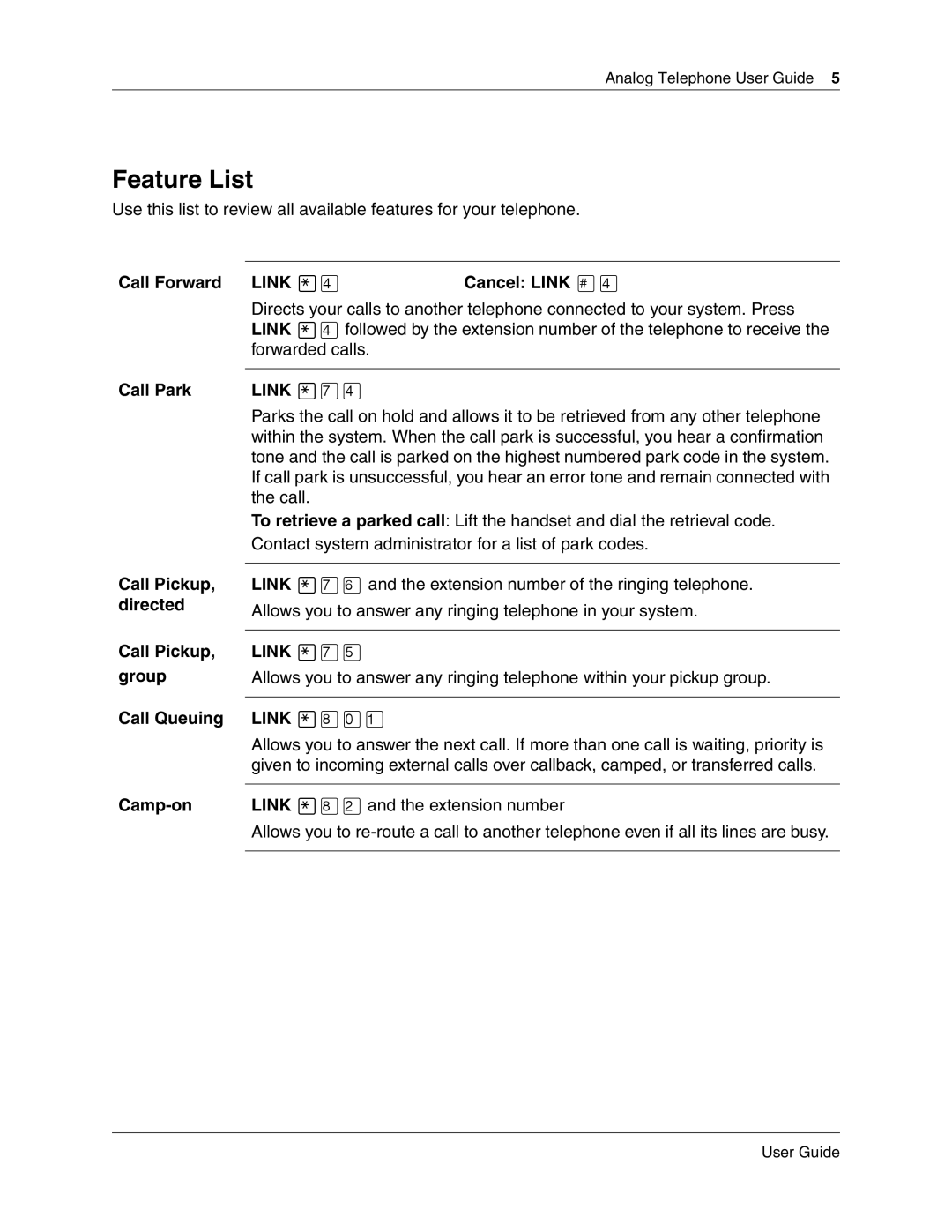 Nortel Networks P0609347 02 manual Feature List, Call Forward Link › Cancel Link £›, Link ‡ﬁ, Link ‚⁄ 