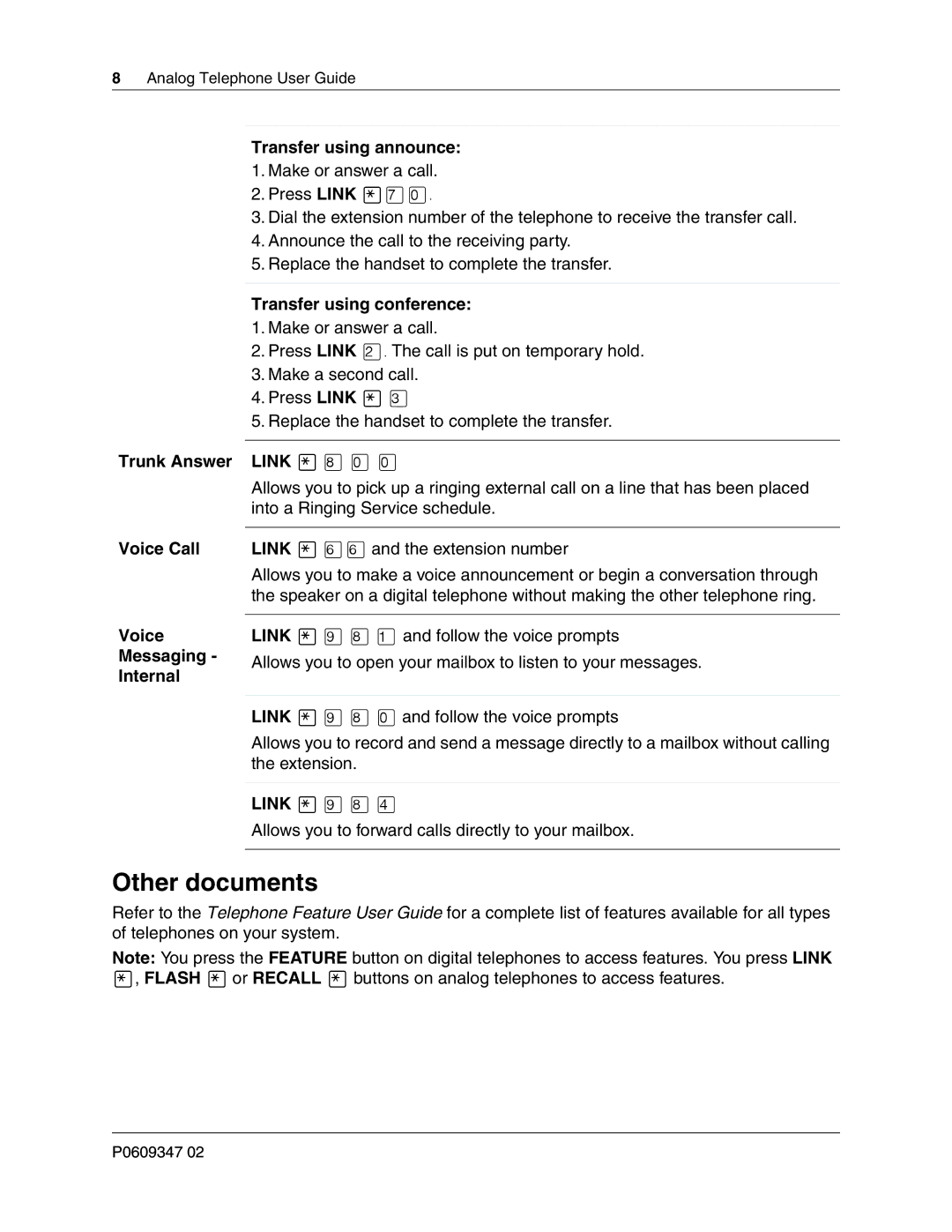 Nortel Networks P0609347 02 manual Other documents, Transfer using conference, Link ‚ ‚, Link ·› 