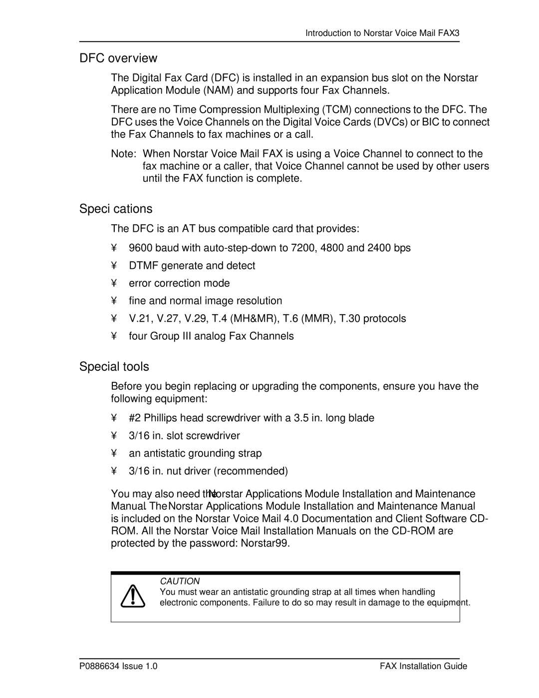 Nortel Networks P0886634 manual DFC overview, Speciﬁcations, Special tools 