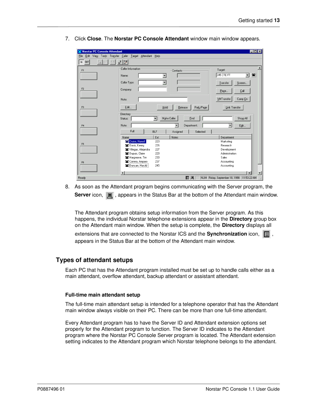 Nortel Networks P0887496 01 manual Types of attendant setups, Full-time main attendant setup 