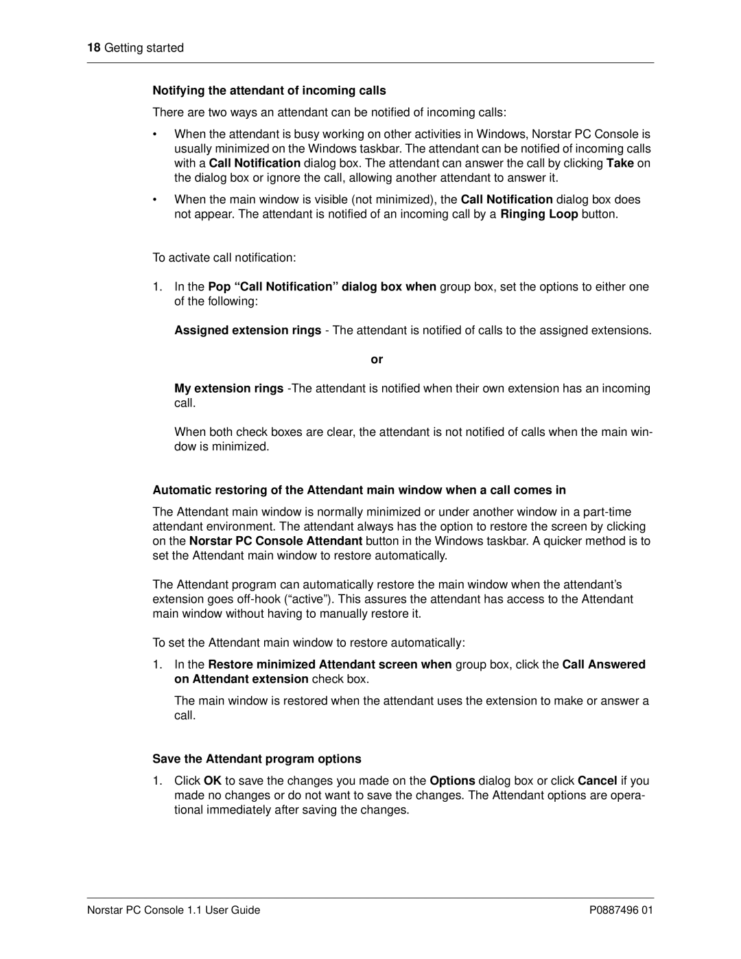 Nortel Networks P0887496 01 manual Notifying the attendant of incoming calls, Save the Attendant program options 