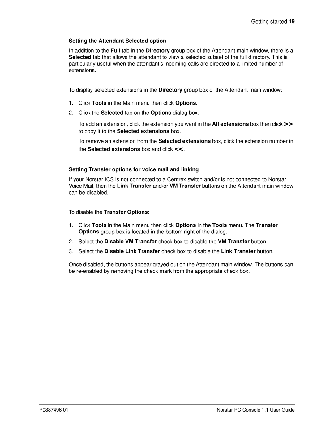 Nortel Networks P0887496 01 Setting the Attendant Selected option, Setting Transfer options for voice mail and linking 