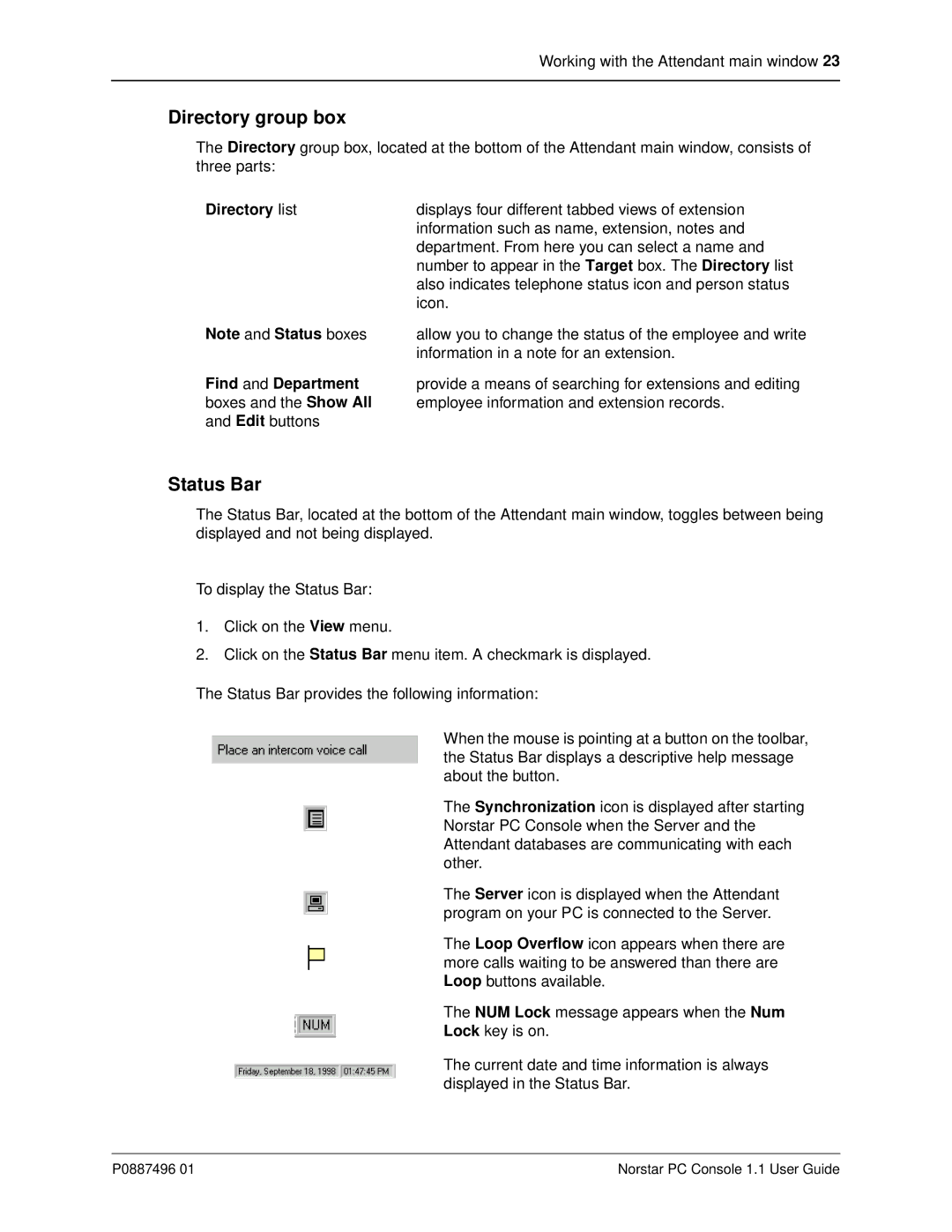 Nortel Networks P0887496 01 manual Directory group box, Status Bar 