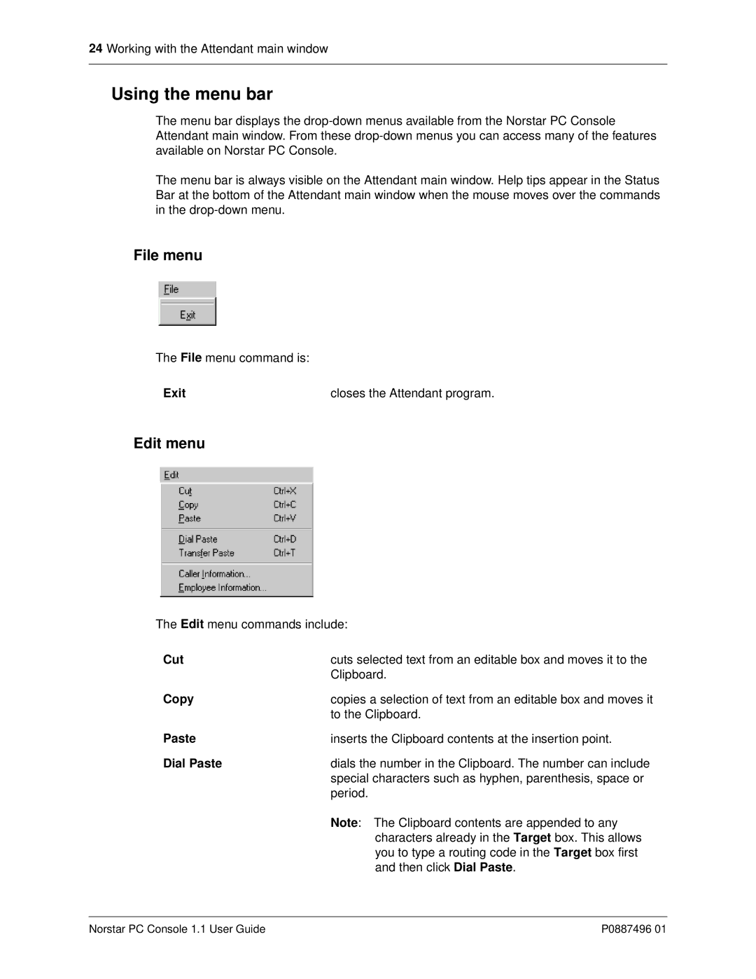 Nortel Networks P0887496 01 manual Using the menu bar, File menu, Edit menu, Exit Closes the Attendant program 