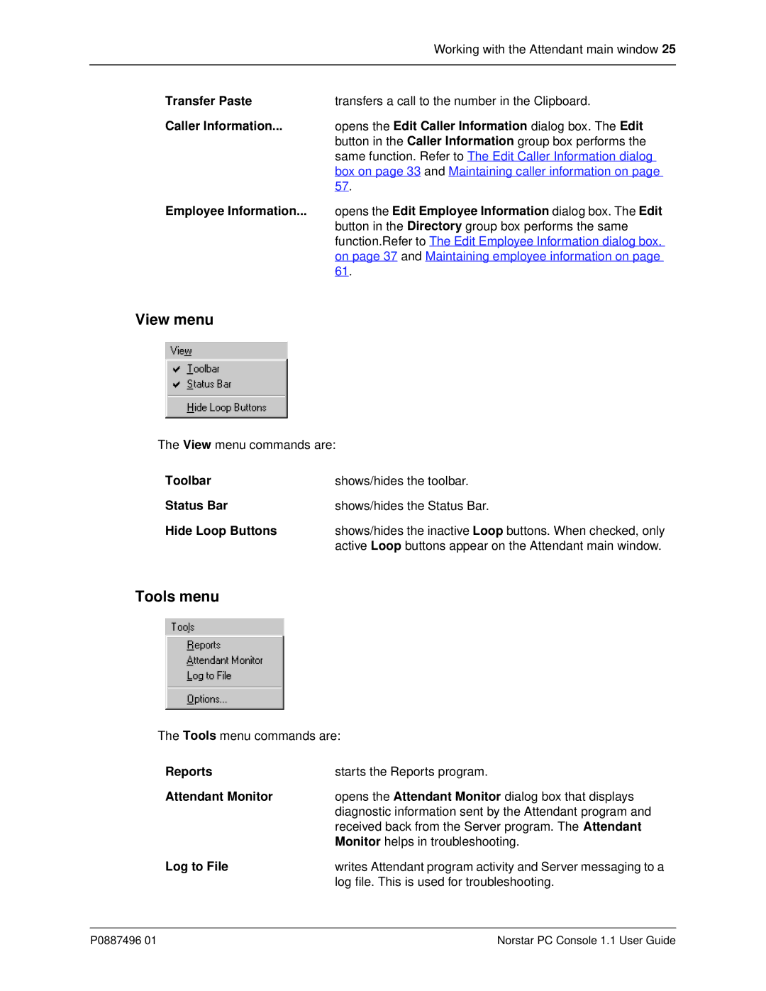 Nortel Networks P0887496 01 manual View menu, Tools menu 