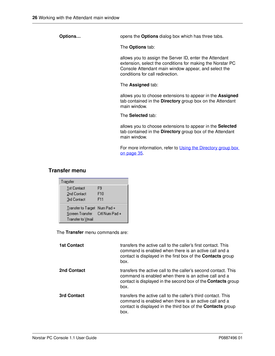 Nortel Networks P0887496 01 manual Transfer menu, Options…, Assigned tab, Selected tab 