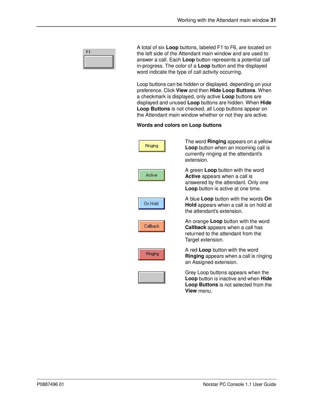 Nortel Networks P0887496 01 manual Words and colors on Loop buttons, View menu 