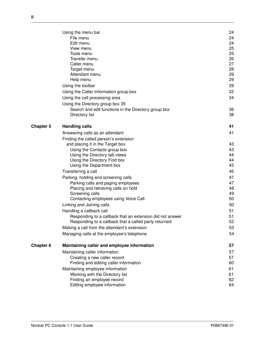 Nortel Networks P0887496 01 manual Chapter Handling calls, Chapter Maintaining caller and employee information 