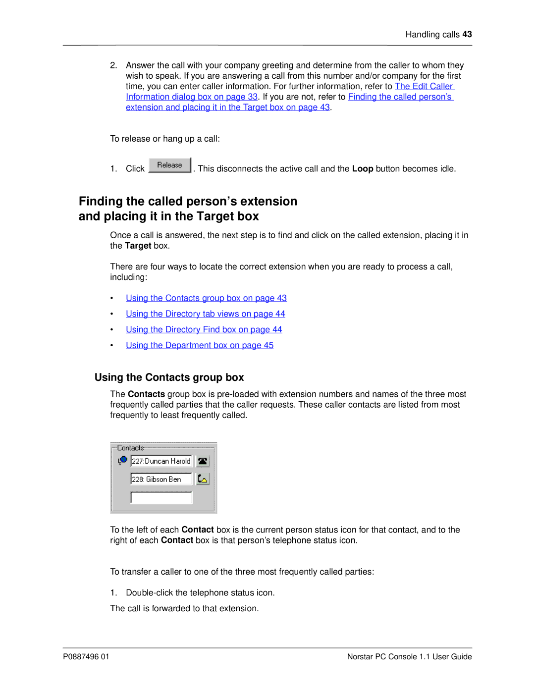 Nortel Networks P0887496 01 manual Using the Contacts group box 