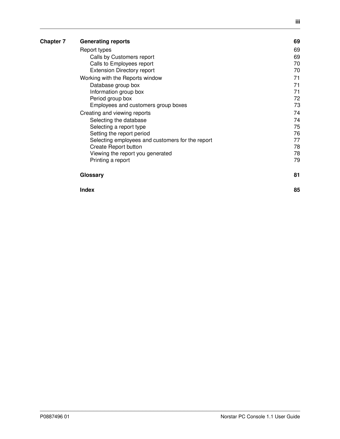 Nortel Networks P0887496 01 manual Iii, Chapter Generating reports, Glossary Index 