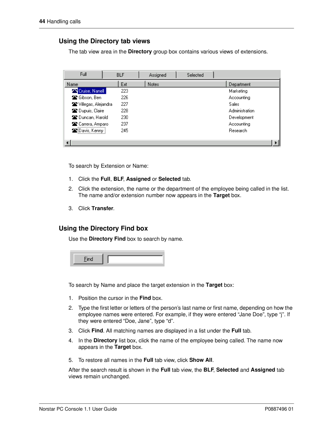 Nortel Networks P0887496 01 manual Using the Directory tab views, Using the Directory Find box, Click Transfer 