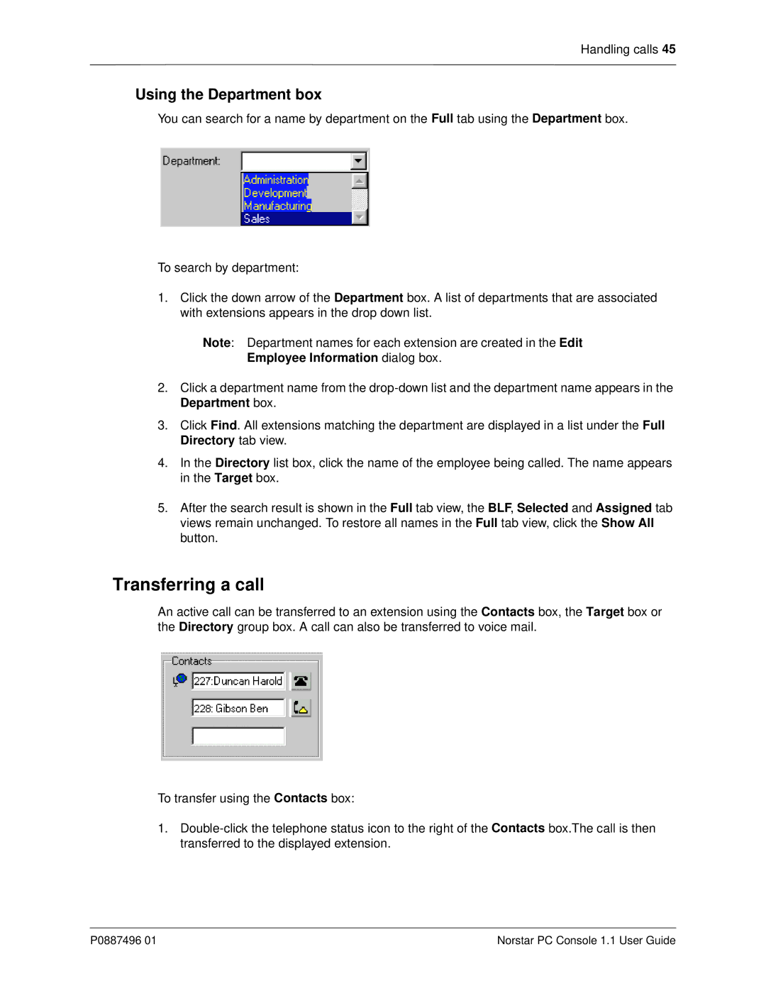 Nortel Networks P0887496 01 manual Transferring a call, Using the Department box, Employee Information dialog box 