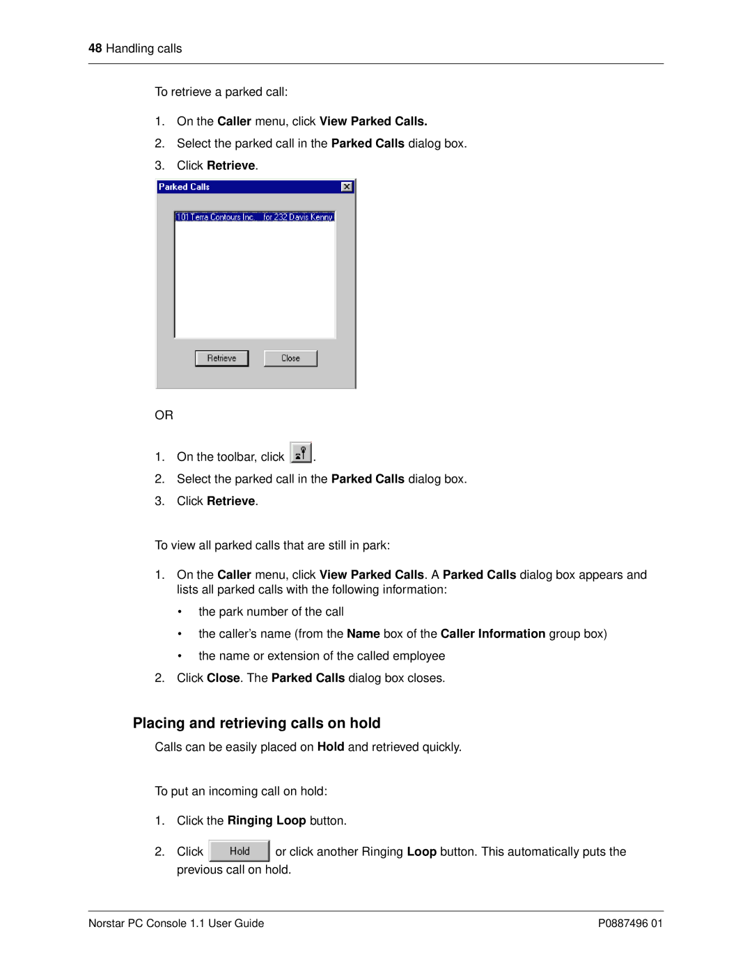 Nortel Networks P0887496 01 manual Placing and retrieving calls on hold, On the Caller menu, click View Parked Calls 