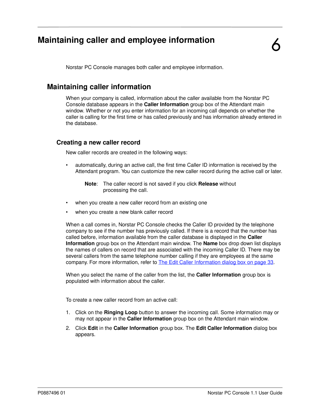 Nortel Networks P0887496 01 manual Maintaining caller information, Creating a new caller record 