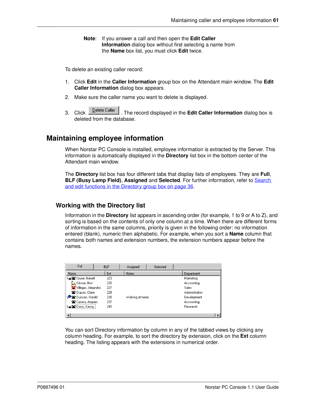 Nortel Networks P0887496 01 manual Maintaining employee information, Working with the Directory list 