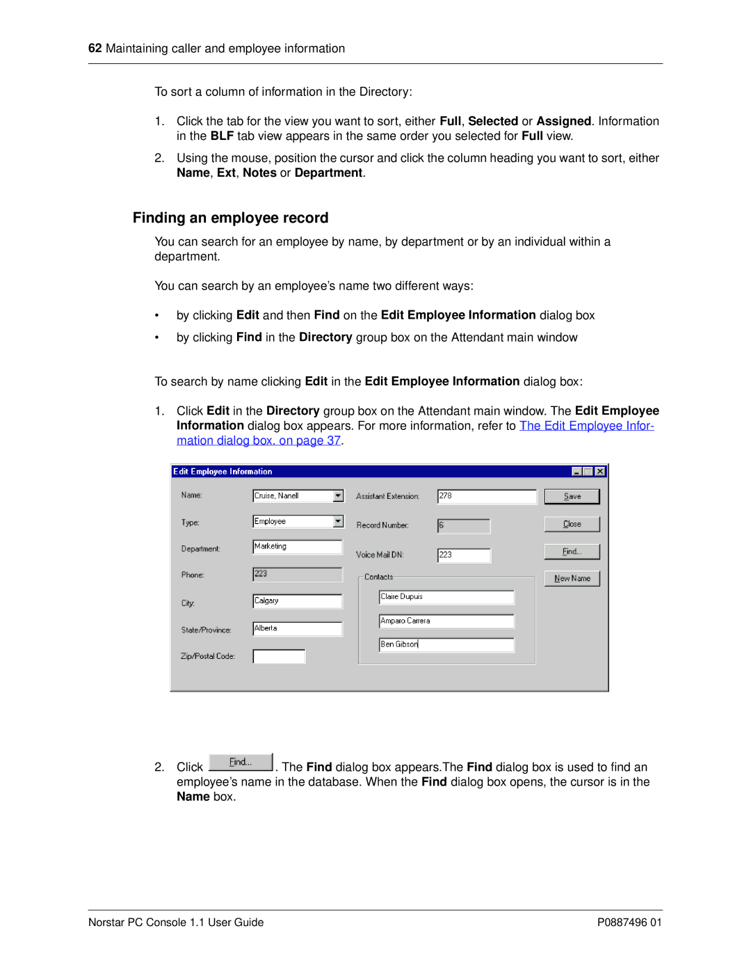 Nortel Networks P0887496 01 manual Finding an employee record 