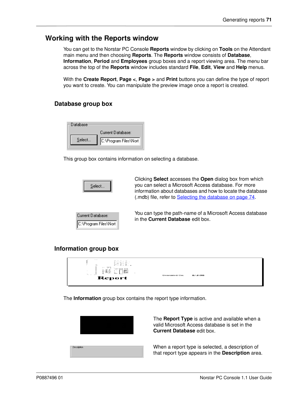 Nortel Networks P0887496 01 manual Working with the Reports window, Database group box, Information group box 