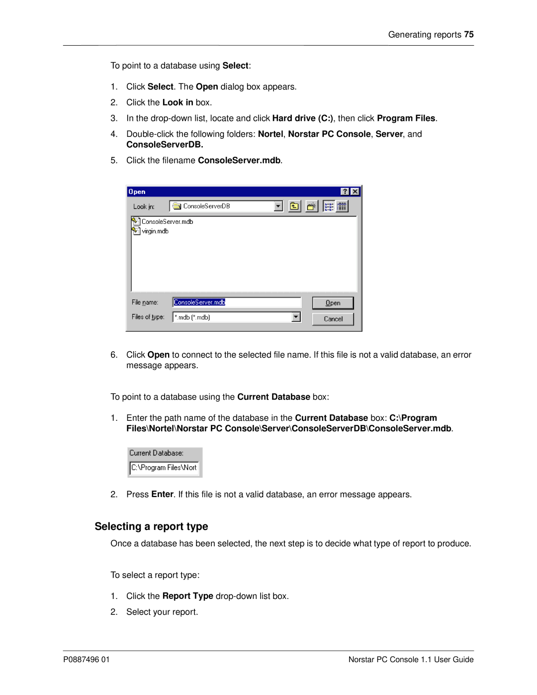 Nortel Networks P0887496 01 manual Selecting a report type, ConsoleServerDB 