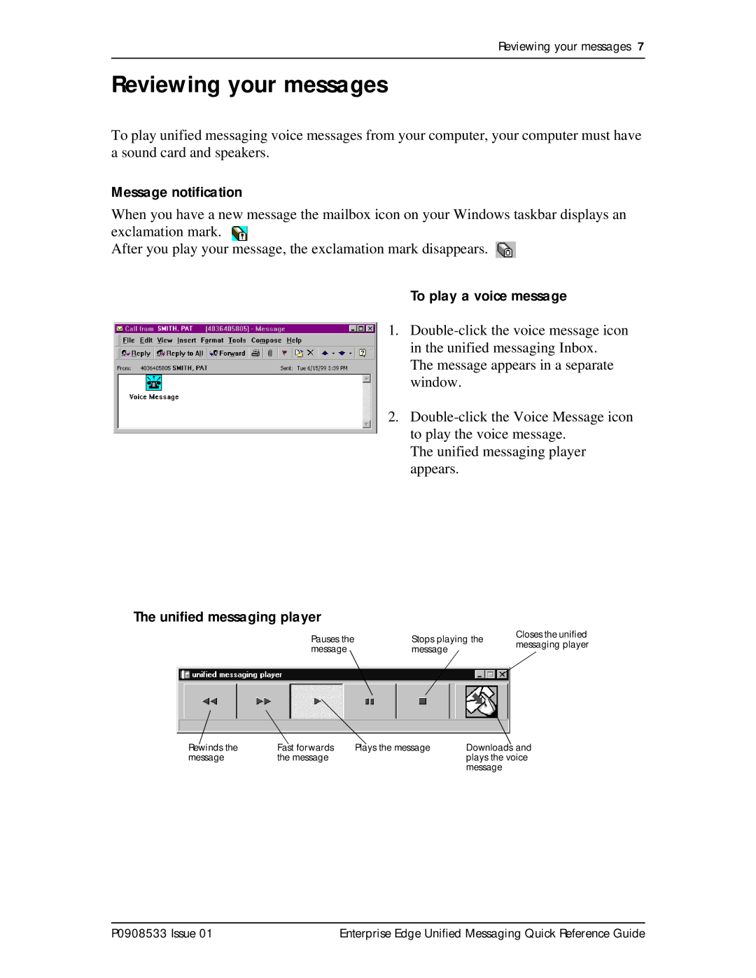 Nortel Networks P0908533 Reviewing your messages, Message notification, To play a voice message, Unified messaging player 