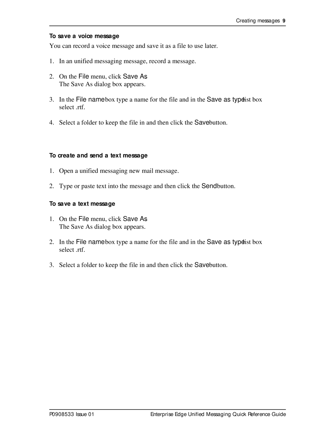 Nortel Networks P0908533 manual To save a voice message, To create and send a text message, To save a text message 