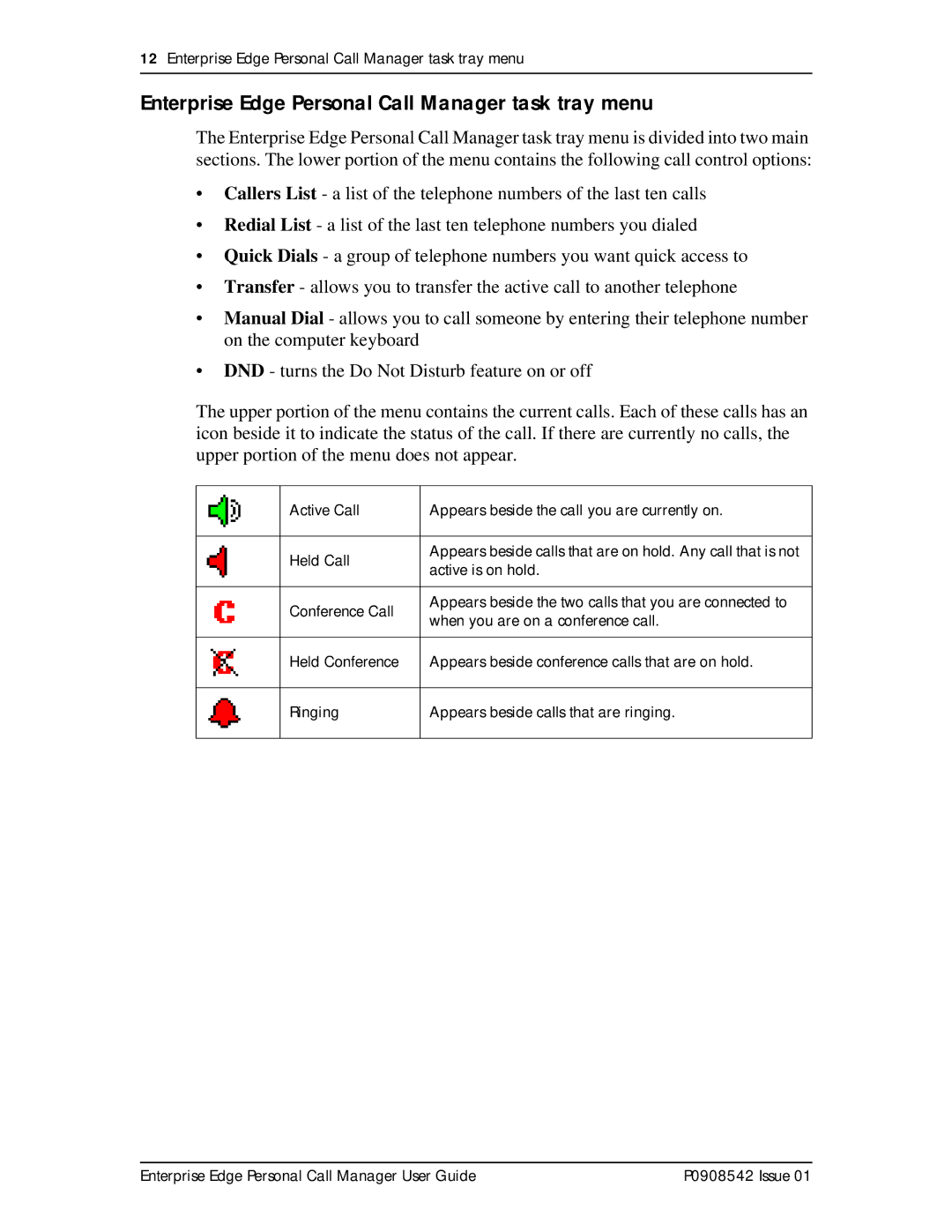 Nortel Networks P0908542 Issue 01 manual Enterprise Edge Personal Call Manager task tray menu 