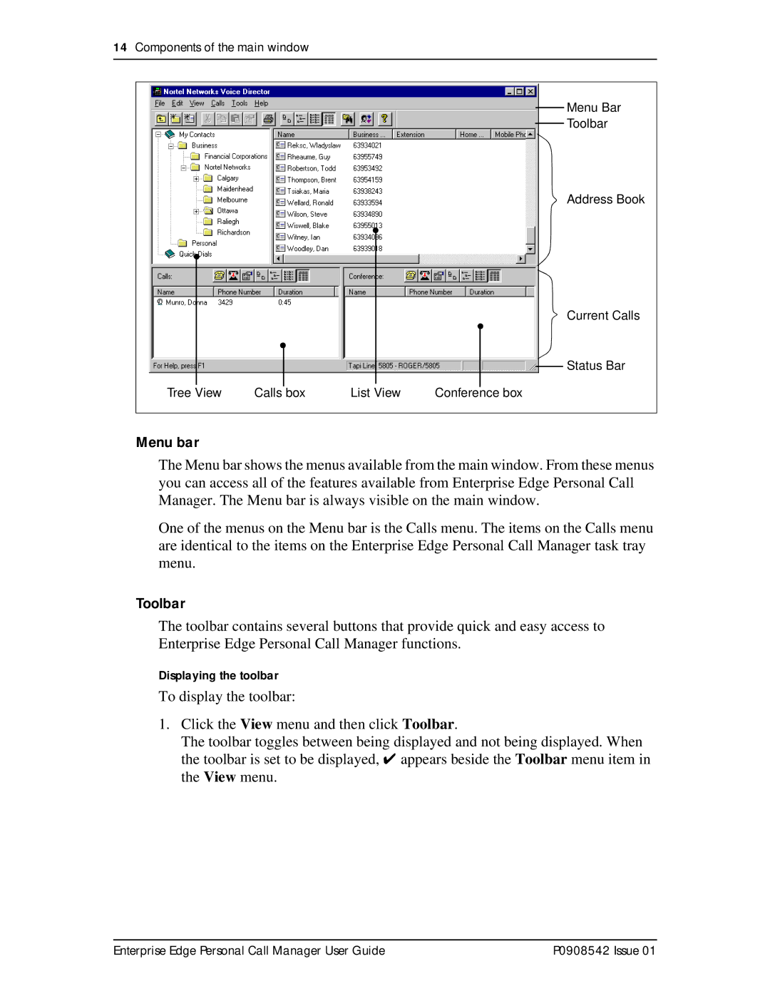 Nortel Networks P0908542 Issue 01 manual Menu bar, Toolbar 