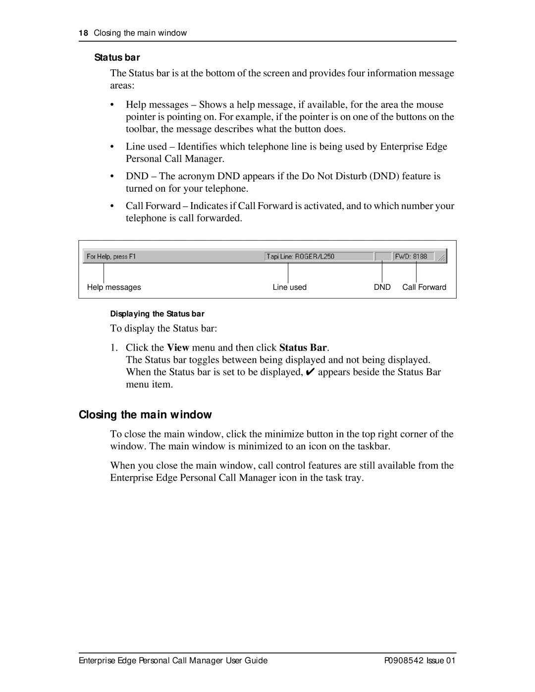 Nortel Networks P0908542 Issue 01 manual Closing the main window, Status bar 