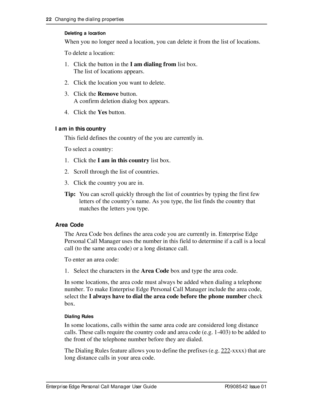 Nortel Networks P0908542 Issue 01 manual Am in this country, Click the I am in this country list box, Area Code 