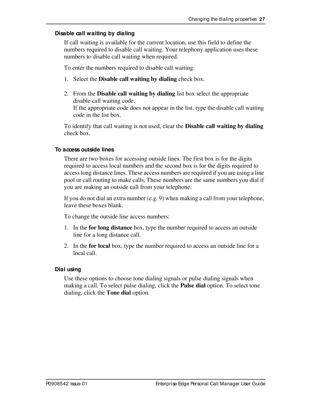 Nortel Networks P0908542 Issue 01 manual Select the Disable call waiting by dialing check box, To access outside lines 