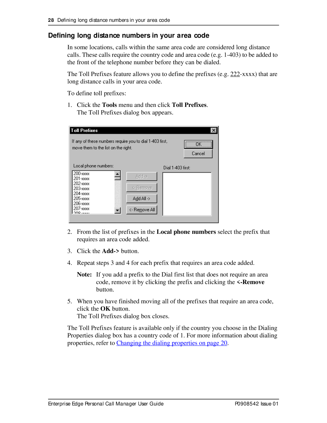 Nortel Networks P0908542 Issue 01 manual Defining long distance numbers in your area code 