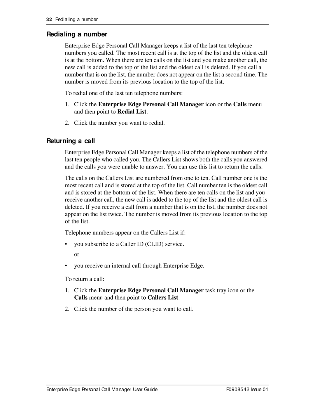 Nortel Networks P0908542 Issue 01 manual Redialing a number, Returning a call 