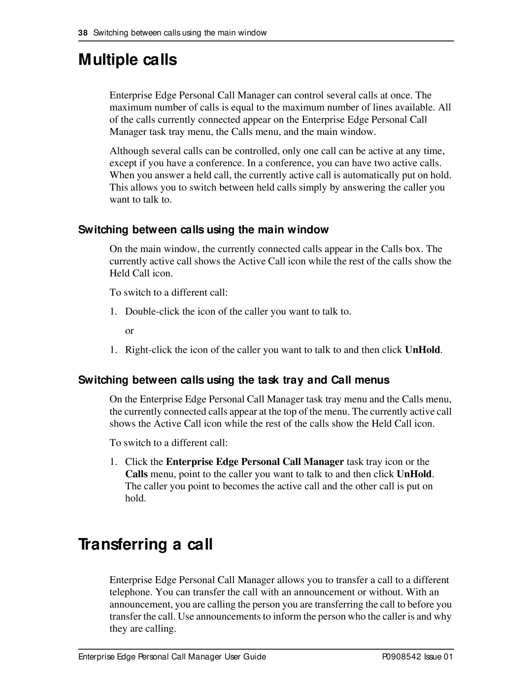 Nortel Networks P0908542 Issue 01 manual Multiple calls, Transferring a call, Switching between calls using the main window 