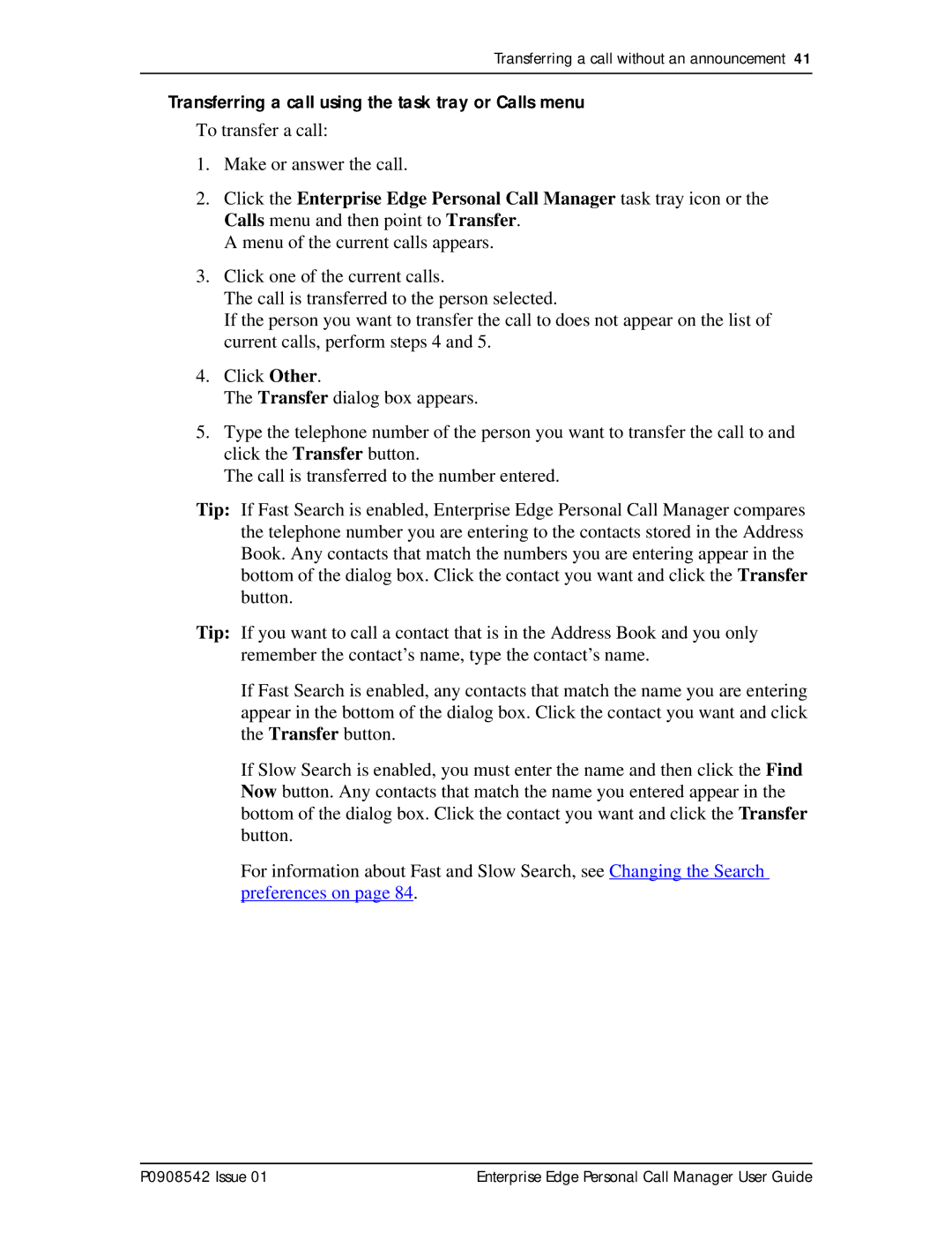 Nortel Networks P0908542 Issue 01 manual Transferring a call using the task tray or Calls menu 