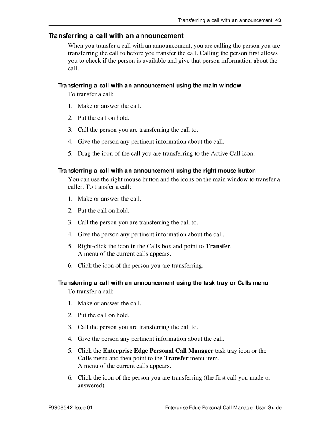 Nortel Networks P0908542 Issue 01 manual Transferring a call with an announcement 