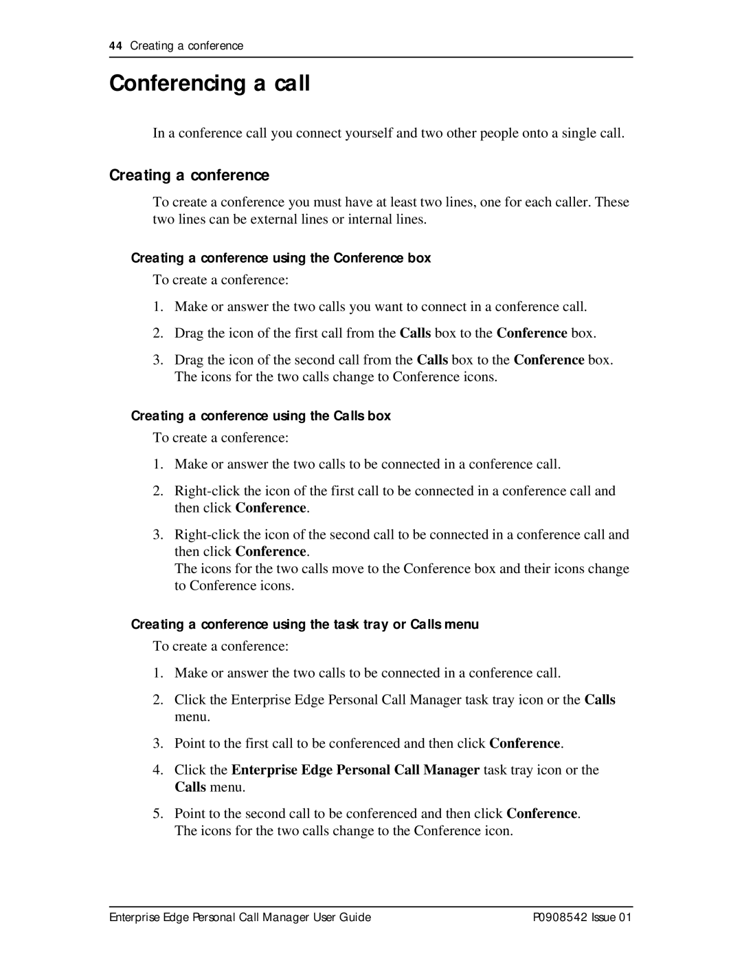 Nortel Networks P0908542 Issue 01 manual Conferencing a call, Creating a conference using the Calls box 