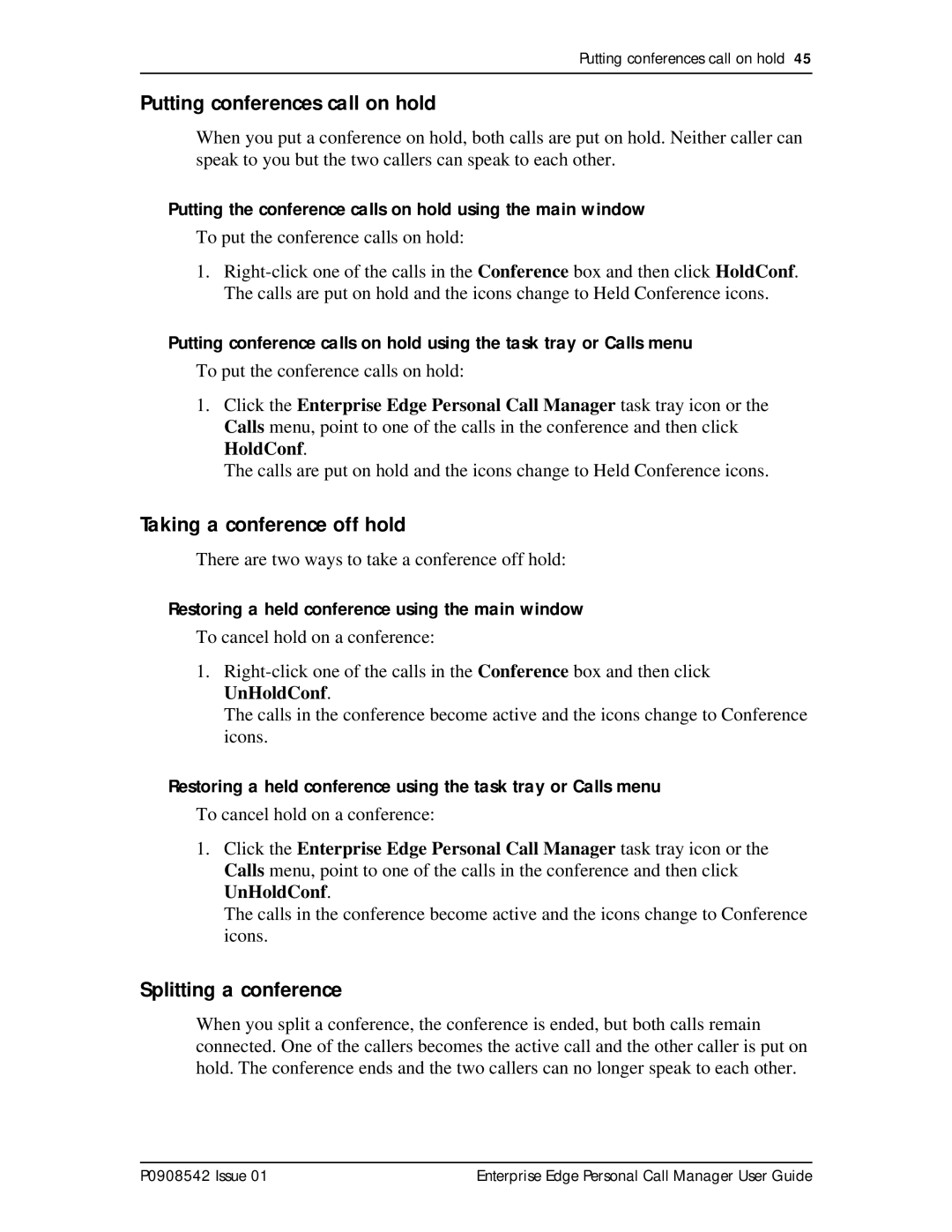 Nortel Networks P0908542 Issue 01 Putting conferences call on hold, Taking a conference off hold, Splitting a conference 