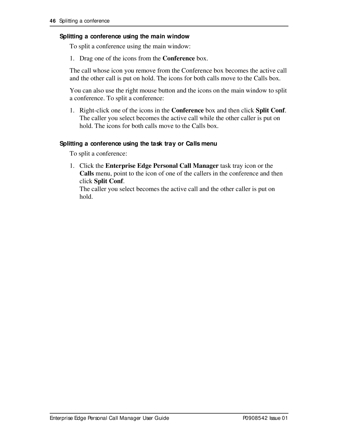 Nortel Networks P0908542 Issue 01 manual Splitting a conference using the main window 