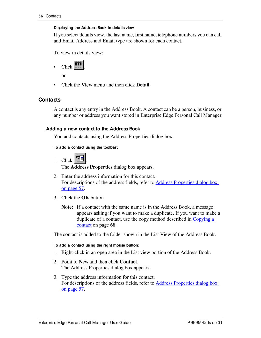 Nortel Networks P0908542 Issue 01 manual Contacts, Adding a new contact to the Address Book 