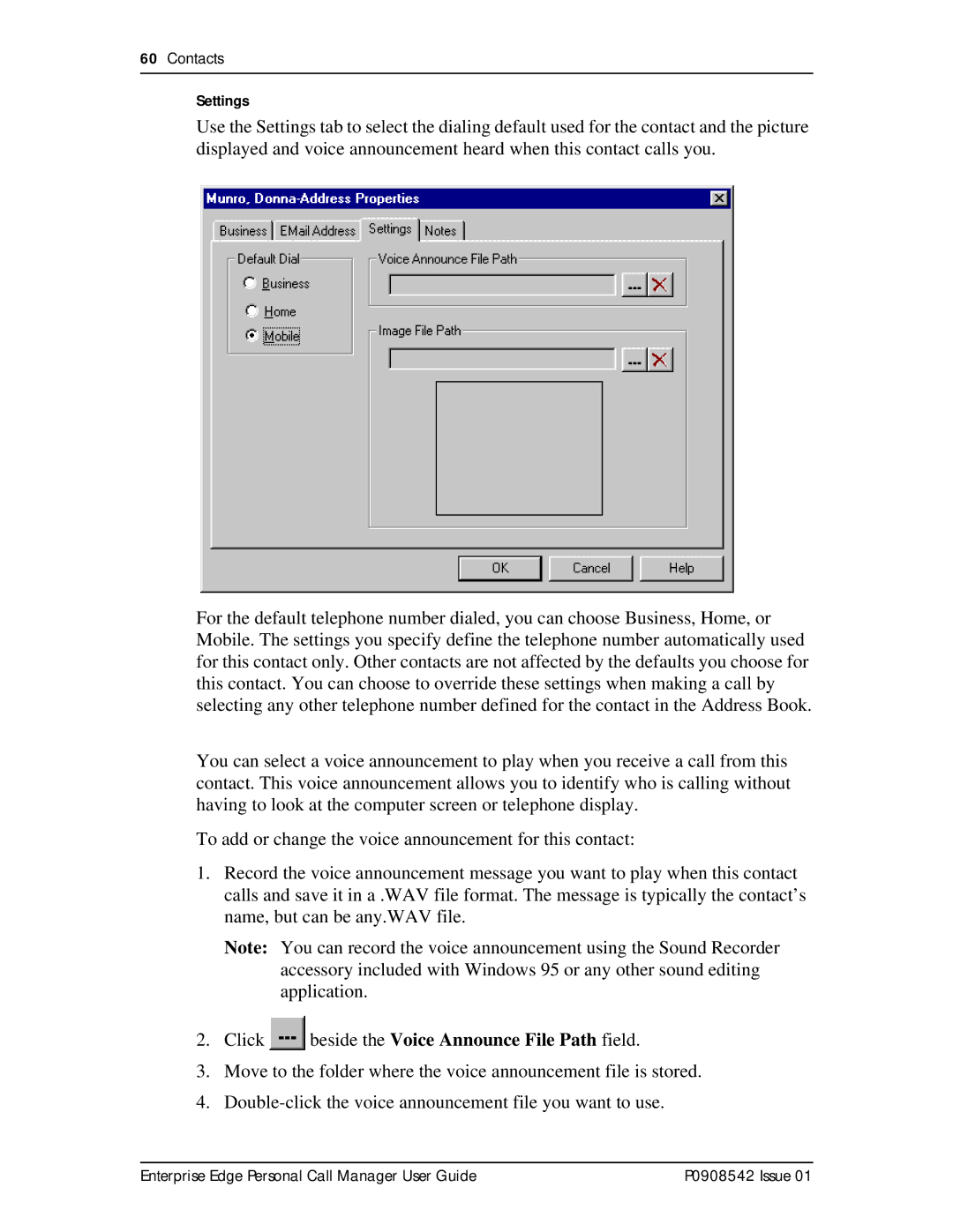 Nortel Networks P0908542 Issue 01 manual Click beside the Voice Announce File Path field 