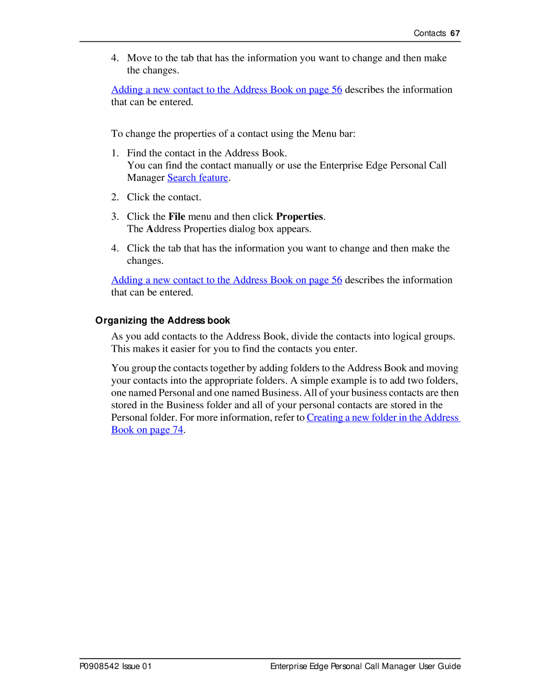 Nortel Networks P0908542 Issue 01 manual Organizing the Address book 