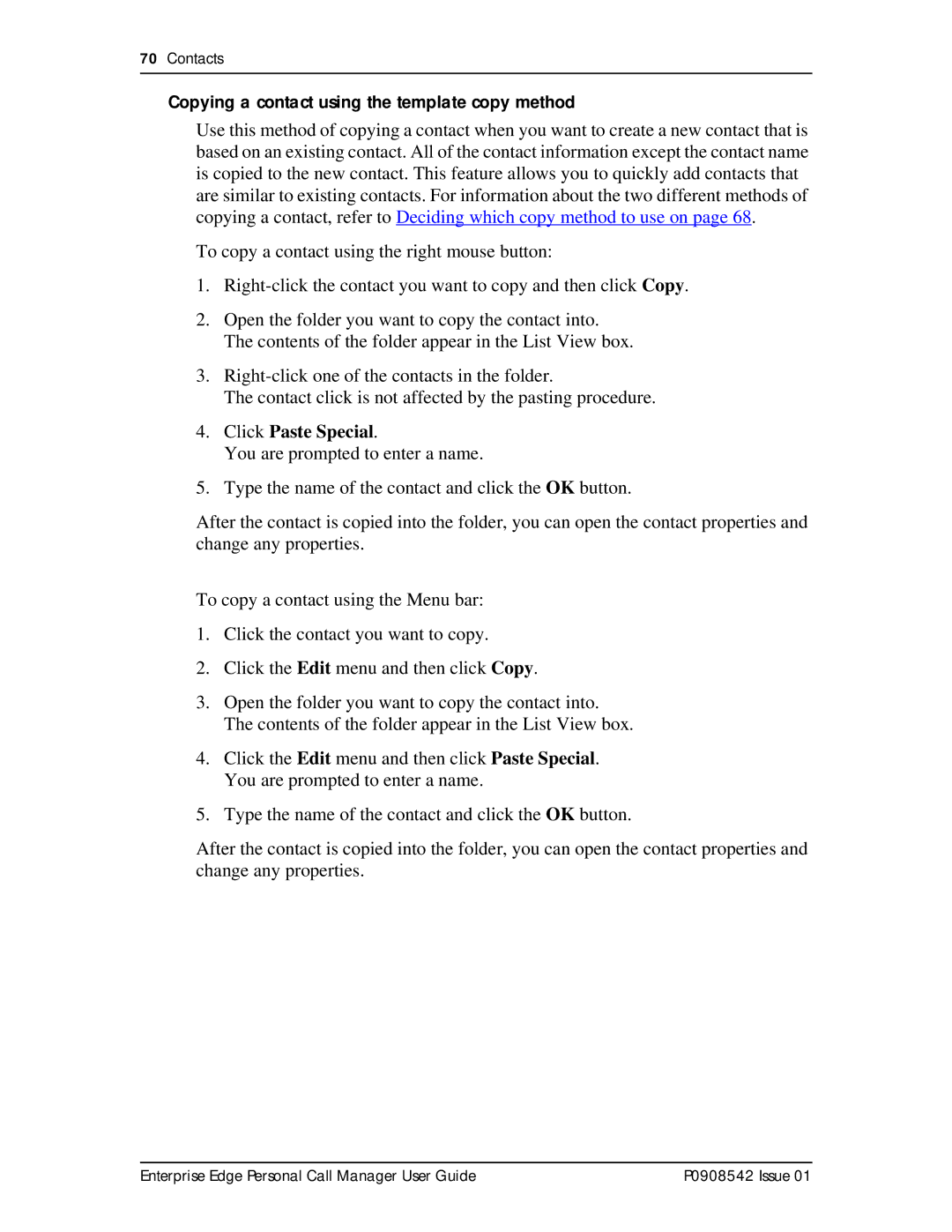 Nortel Networks P0908542 Issue 01 manual Copying a contact using the template copy method, Click Paste Special 