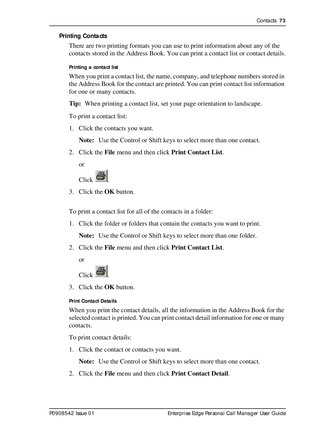 Nortel Networks P0908542 Issue 01 manual Printing Contacts 