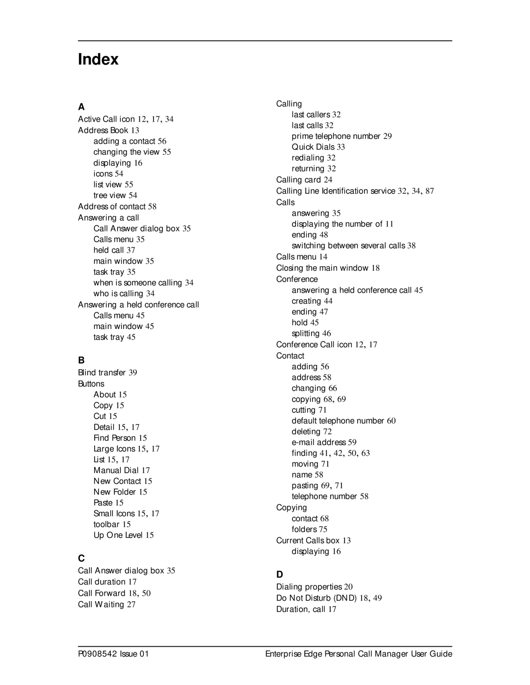 Nortel Networks P0908542 Issue 01 manual Index 