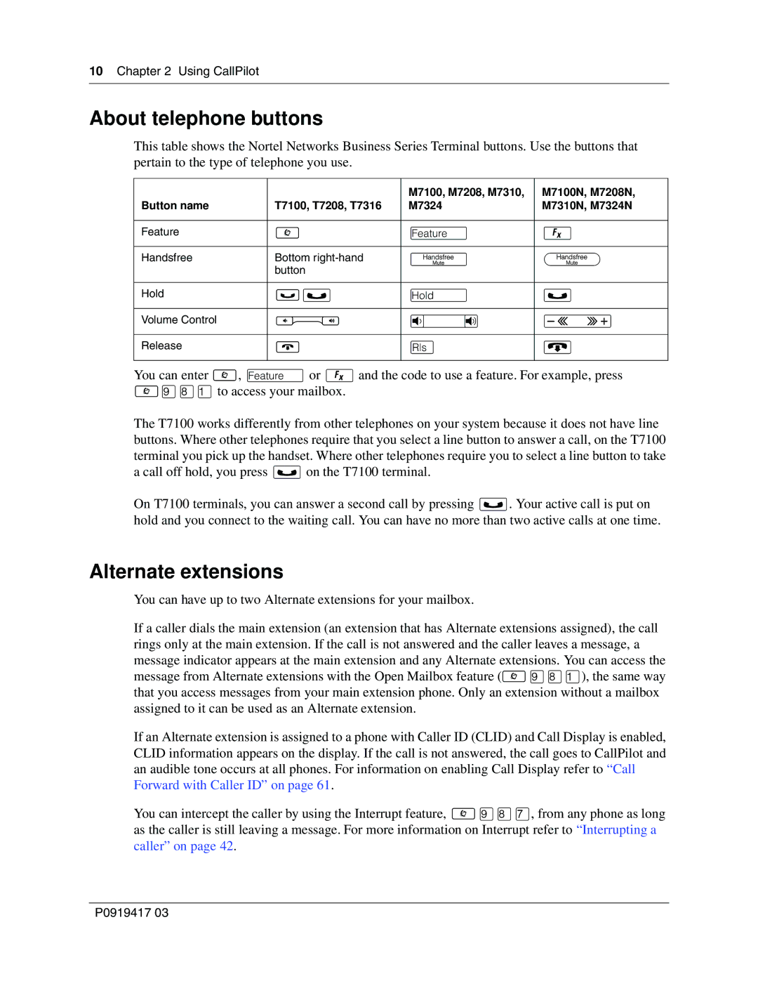 Nortel Networks P0919417 03 manual About telephone buttons, Alternate extensions 