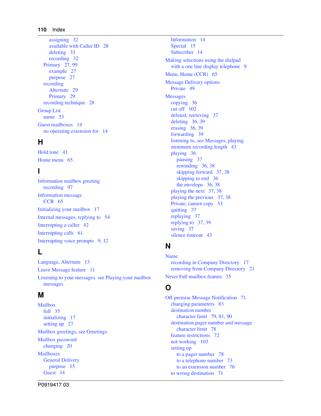 Nortel Networks P0919417 03 manual Index 